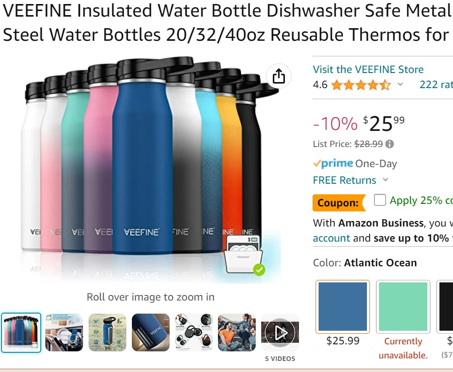  VeeFine Insulated Water Bottle Dishwasher Safe Metal